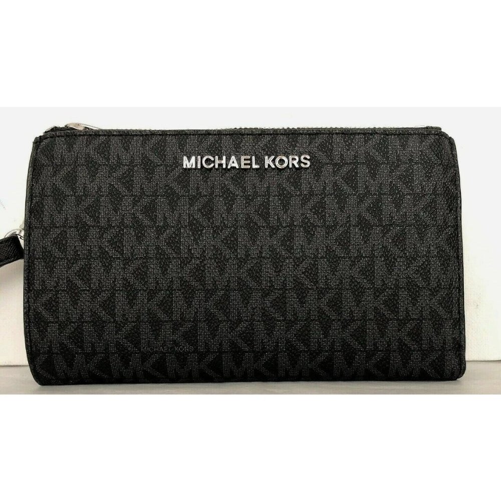 New Michael Kors Jet Set Travel Double zip wristlet wallet PVC Black - Picture 1 of 6